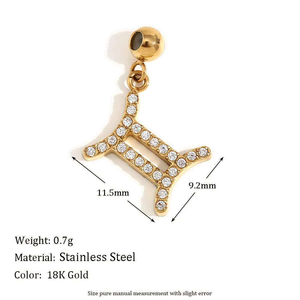 Zodiac Sign Charms Pendants Stainless Steel 18K Gold Plated Cubic Zirconia Constellation Symbols DIY Jewelry Making Accessories