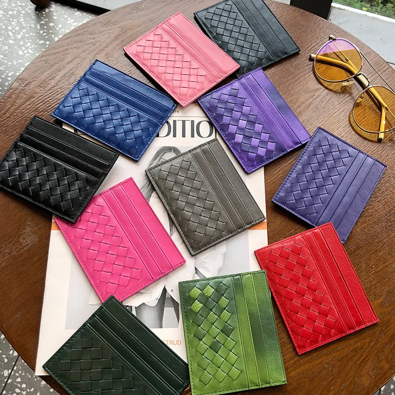 Slim Card Holder Genuine Sheepskin Leather Woven Multi-Slot Case Ultra-Thin Minimalist Wallet Organizer For Women
