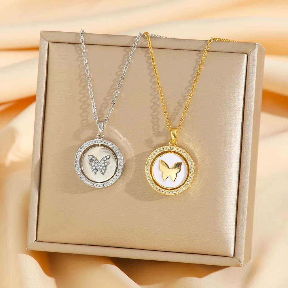 Collier Pendentif Papillon Rotatif Acier Inoxydable Micro Incrusté Zircon Coquillage Chaîne De Clavicule Bijoux Pour Femmes