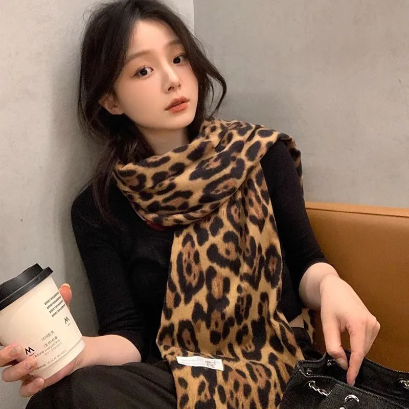 Leopard Print Scarf Imitation Cashmere Tassel Shawl Winter Warm Fashion Neck Wrap For Women Elegant Soft Versatile