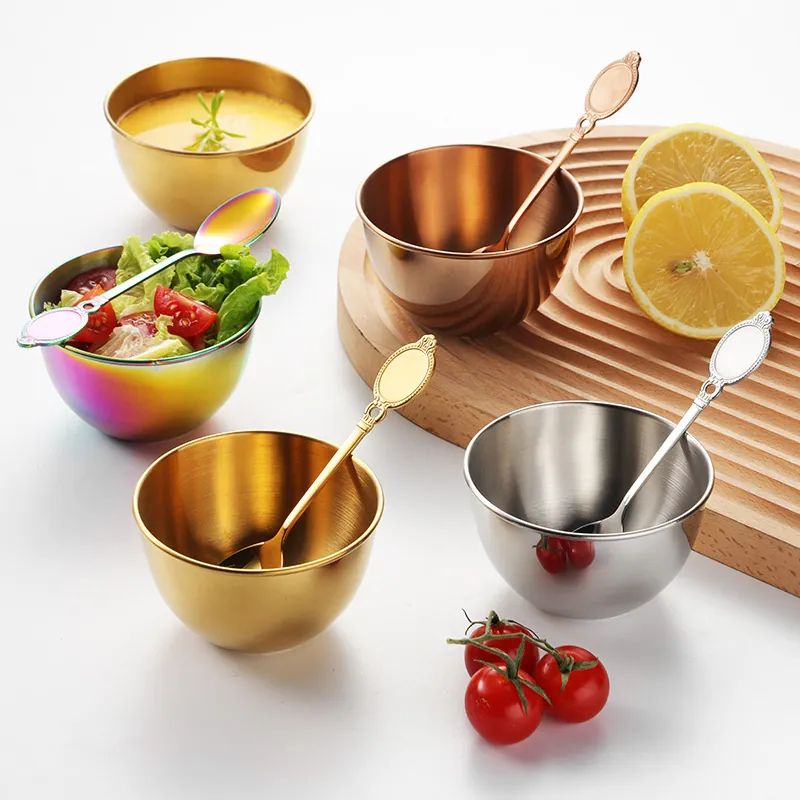 Stainless Steel Dipping Sauce Bowl With Retro Spoon Seasoning Dish Appetizer Cup Mirror Polished Gold Colorful