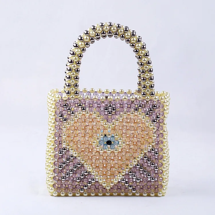 Handmade Woven Beaded Handbag Acrylic Imitation Artificial Pearl Heart Evil Eye Pattern Retro Vintage Style Party Purse Women