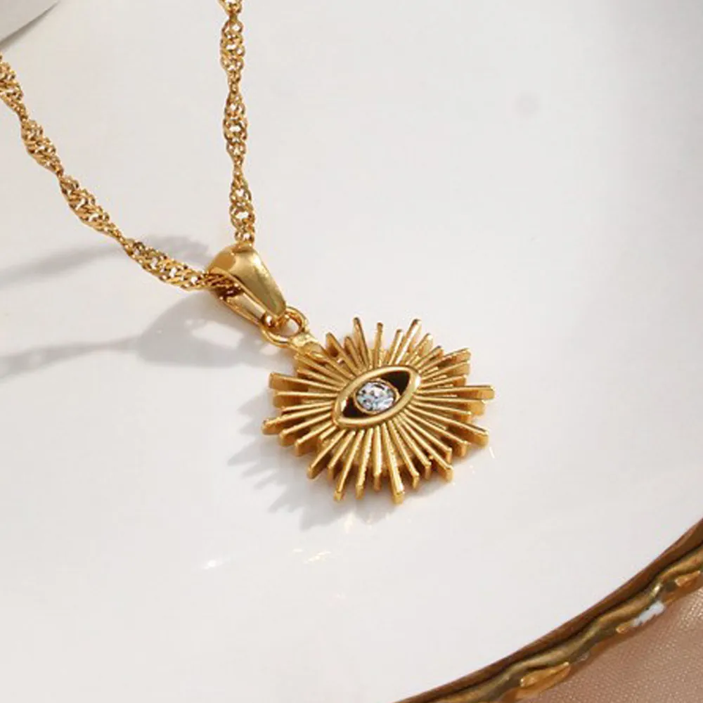 Stainless Steel Evil Eye Pendant Necklace With Water Wave Chain Rhinestone Inlaid Sunburst Radiant Jewelry For Women