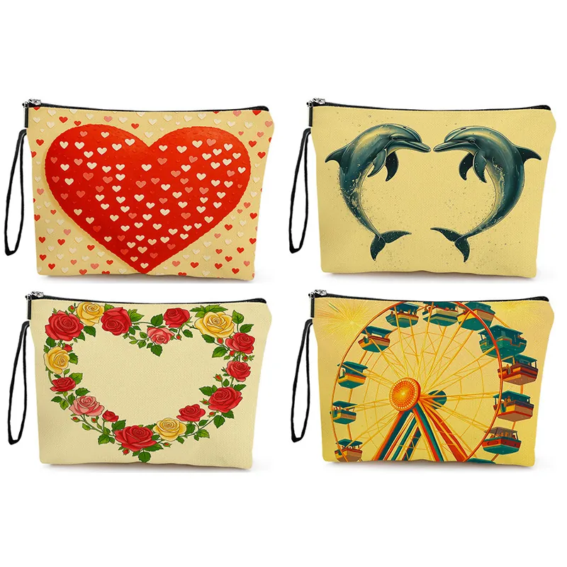 Makeup Bag Linen Canvas Zipper Cosmetic Pouch With Wrist Strap Printed Heart Dolphin Pattern Travel Daily Organizer