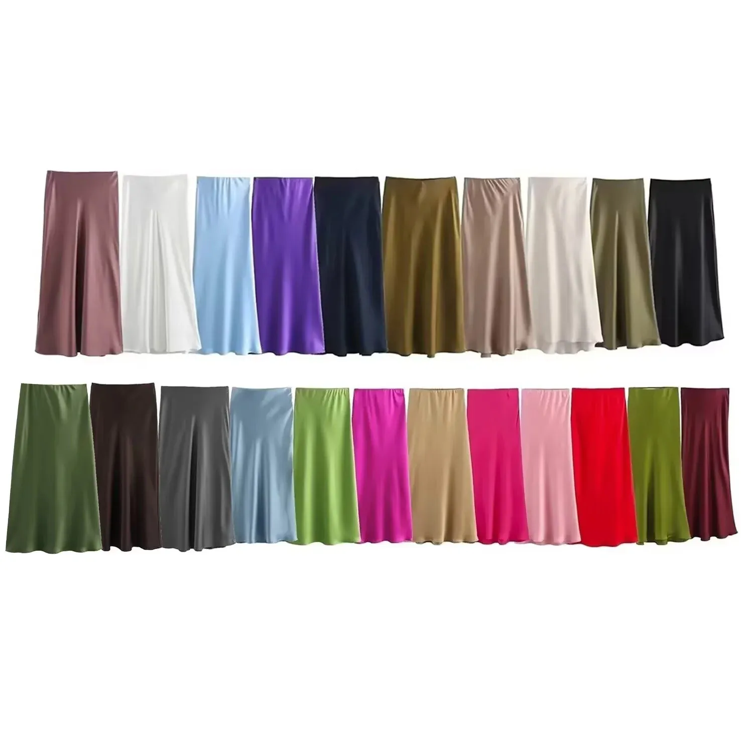 Damen Eleganter Satin Midirock Hohe Taille Minimalistischer Französischer Stil Einfarbiger A-Linien Langer Rock Mode Unterteile