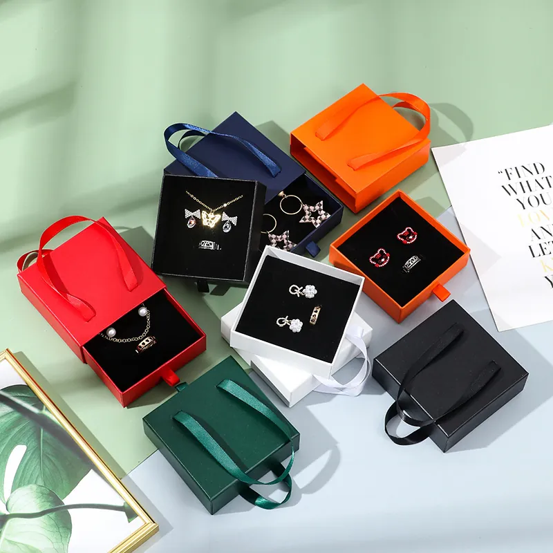 Drawer Jewelry Gift Box Paper Cardboard With Ribbon Handle Square Packaging For Necklace Ring Earring Bracelet Storage