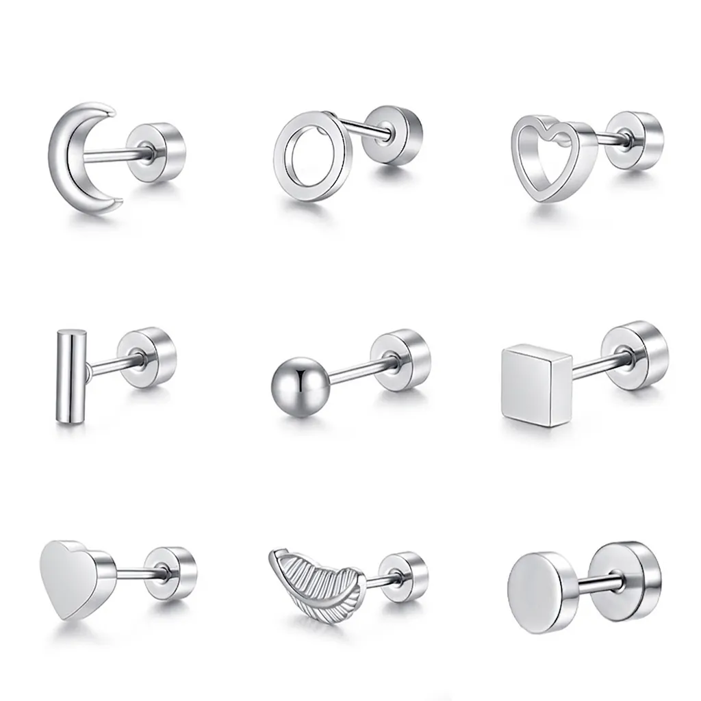 Minimalist Stainless Steel Geometric Stud Earrings Unisex Heart Moon Feather Round Square Screw Back Threaded Barbell Piercing Jewelry
