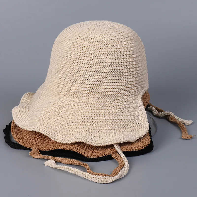 Women Knitted Bucket Hat Cotton Polyester Breathable Sun Protection Wide Brim Split Back Bow Tie Straps Foldable Summer