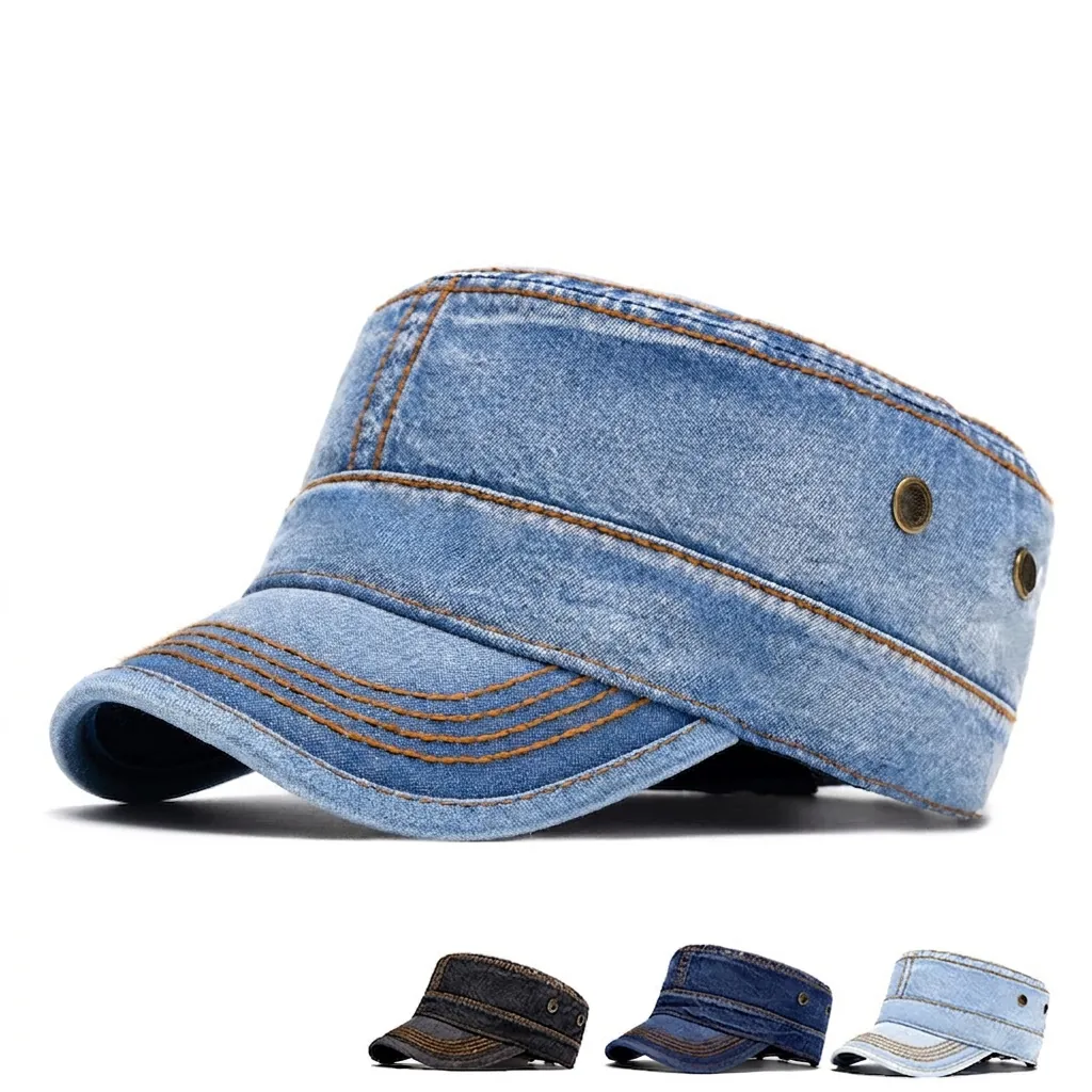Washed Denim Cadet Cap Flat Top Military Hat Adjustable Vintage Sunscreen Peaked Cap For Men Women Casual Fashion