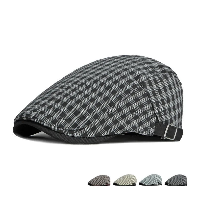Casquette Plate À Carreaux Coton Polyester Vintage Britannique Ivy Chapeau Boucle Latérale Réglable Respirant Rétro Pour Hommes Femmes
