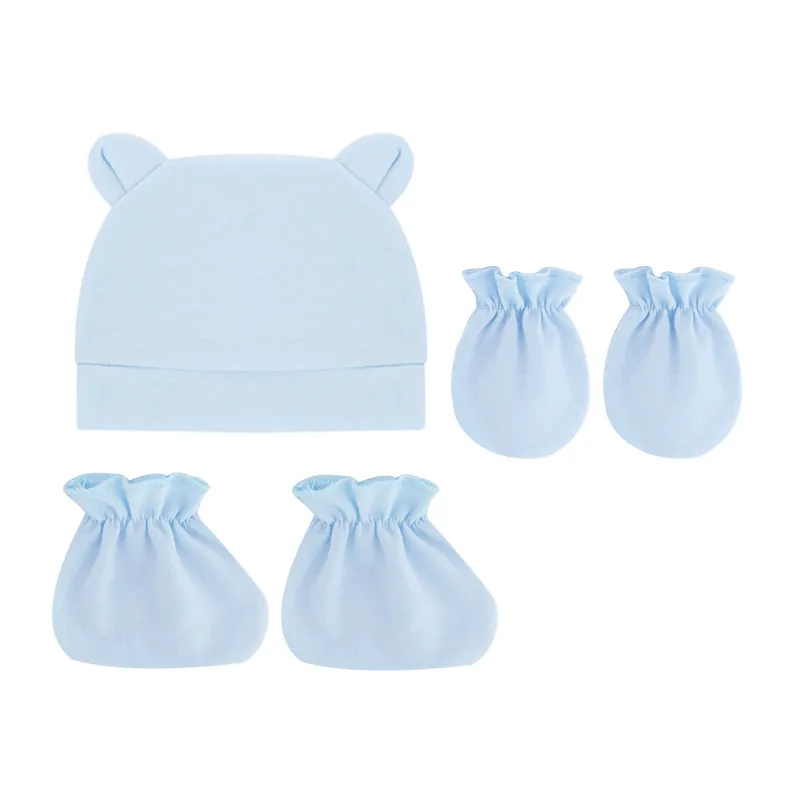 Bébé Nouveau-Né Coton Bonnet Moufles Et Chaussons Couleur Unie Oreilles De Petit Ours Souple Respirant Accessoires Nourrisson