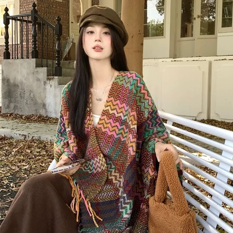 Women Knit Poncho Shawl Polyester Warm Thick Zigzag Pattern Bohemian Tassel Wrap Winter Travel