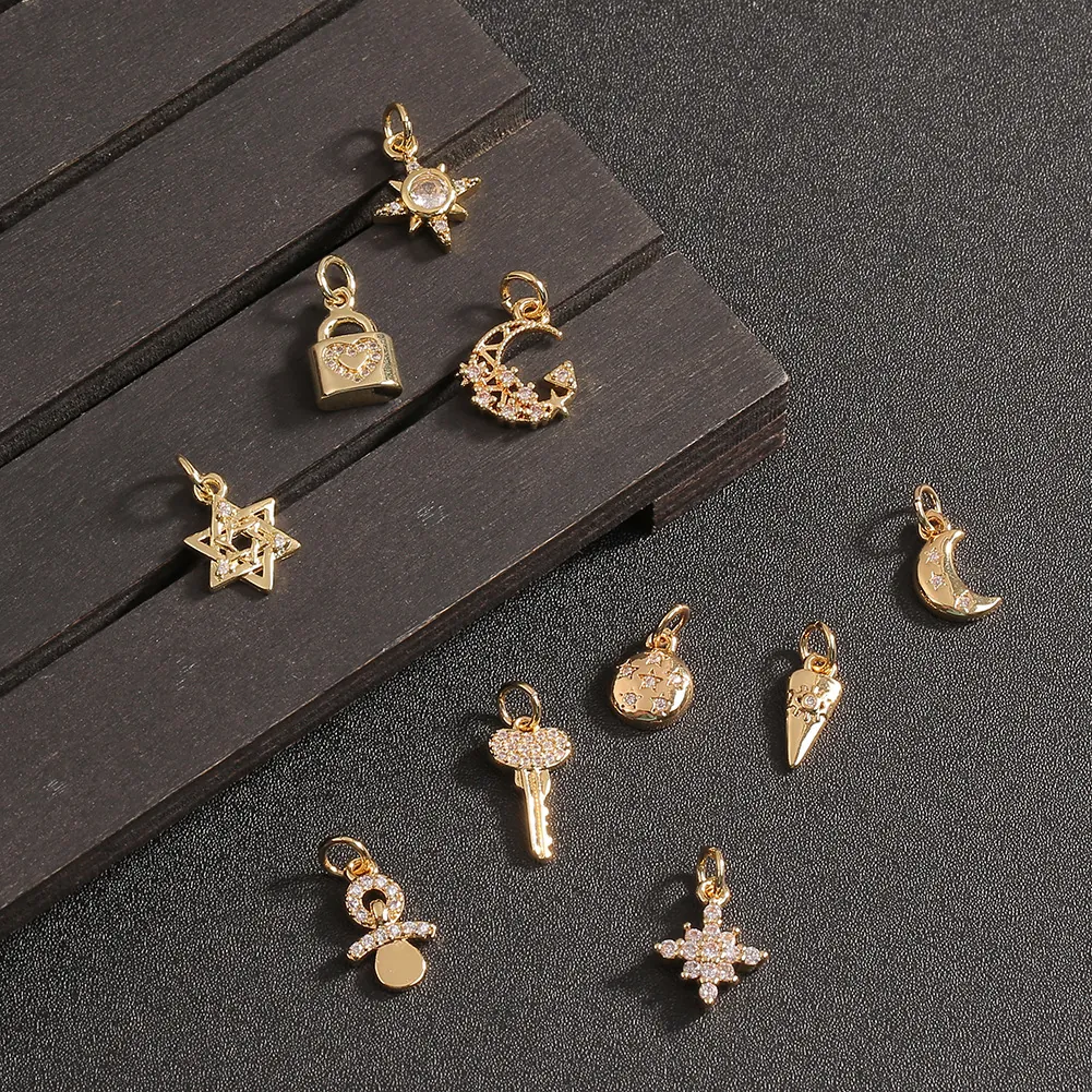 Dijes De Cobre Chapados En Oro Circón Estrella Luna Corazón Colgantes Para DIY Fabricación De Joyas Collar Pendiente