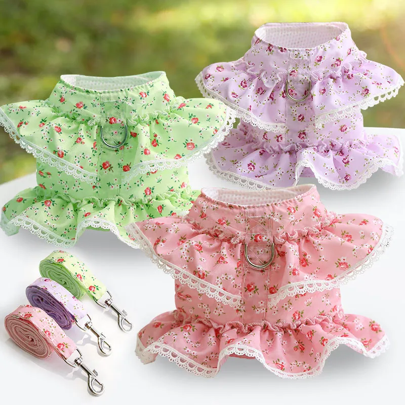Pet Harness And Leash Floral Lace Mesh Breathable Vest For Small Dogs Cats Princess Style Outdoor Walking Accessories