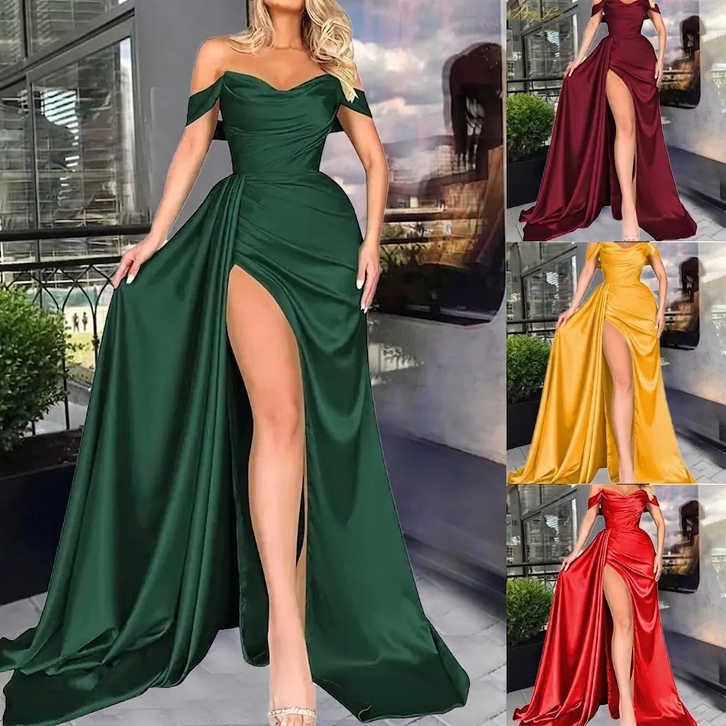 Women Sexy Off Shoulder Satin Evening Dress Elegant High Slit Ruched Party Maxi Dress Formal Banquet Host Wedding Prom Gown