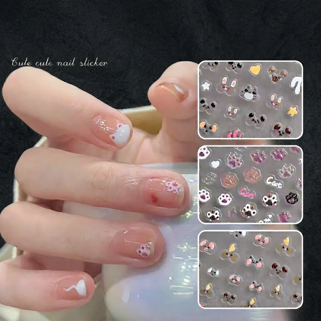 3D Relief Jelly Nail Art Stickers Cute Cartoon Cat Paw Rabbits Bear DIY Manicure Decoration For Women Girls