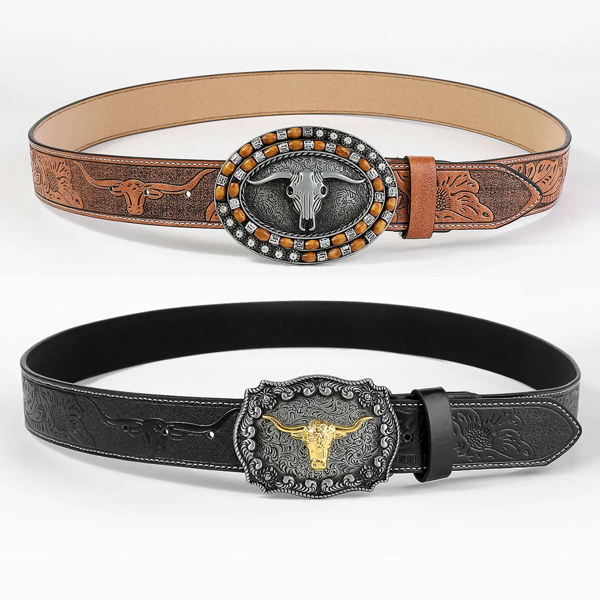 Western Cowboy Belt PU Leather Embossed Bull Head Pattern Large Alloy Plate Buckle Vintage Punk Style Accessories For Men