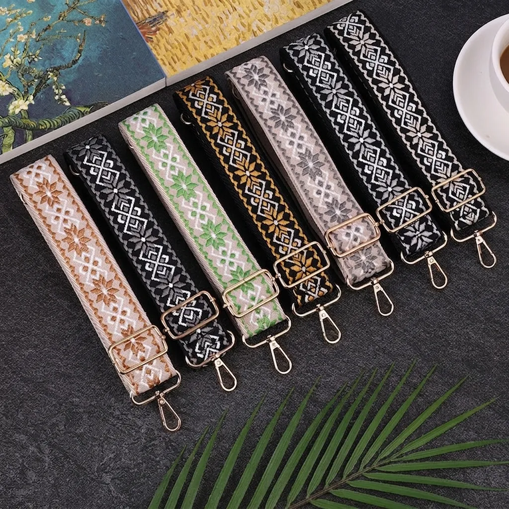 Bohemian Ethnic Woven Bag Strap Replacement Wide Adjustable Shoulder Strap For Crossbody Bags With Metal Buckles