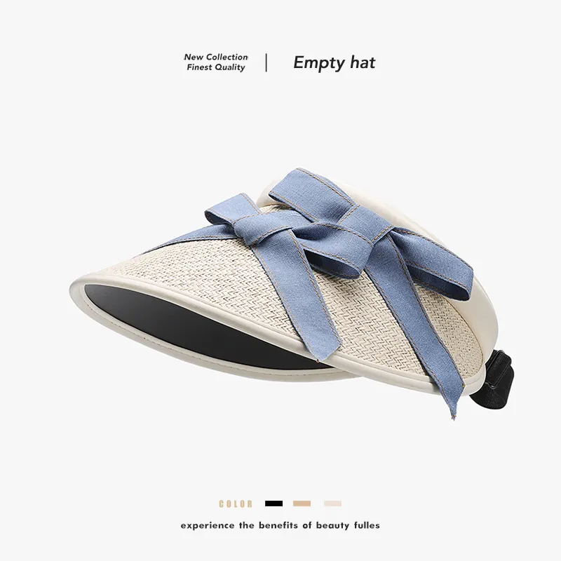 Women Empty Top Sun Visor Hat Straw High UV Protection Wide Brim Foldable Denim Bow Summer Outdoor Beach Cap