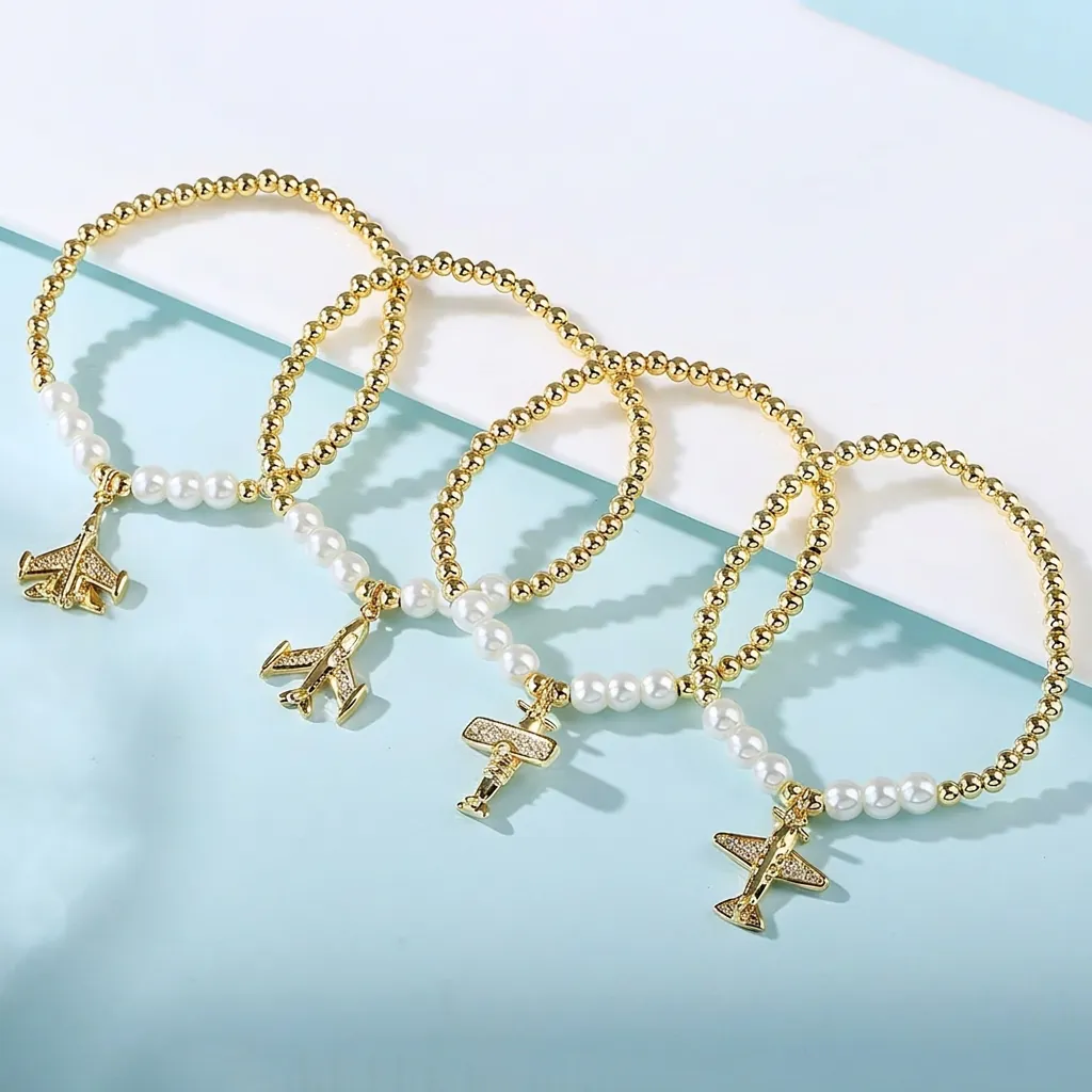 Airplane Pendant Beaded Bracelet Copper Metal Beads White Imitation Artificial Pearl Elastic Jewelry For Women Unisex