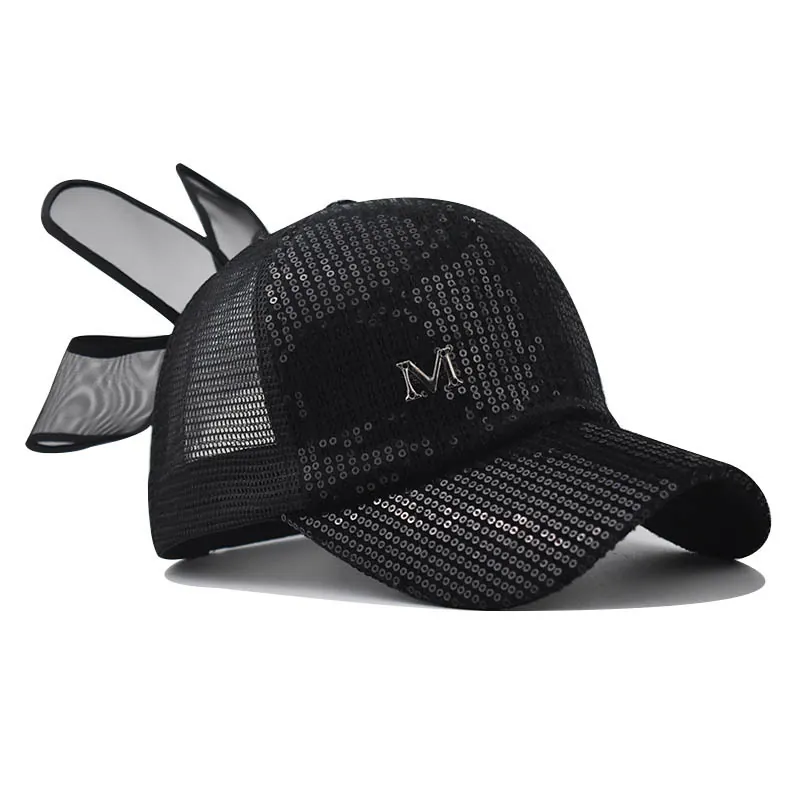 Casquette De Baseball À Paillettes Pour Femmes En Maille Respirante Chapeau De Soleil Avec Grand Nœud Et Logo M Métal