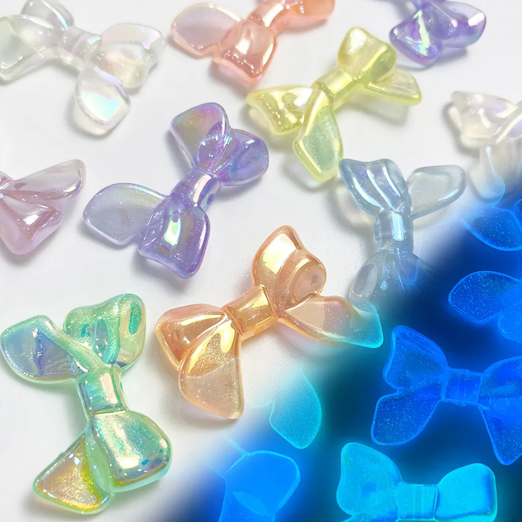 Acrylic Ribbon Bow Beads Luminous Glow In The Dark Glitter Iridescent DIY Jewelry Making Phone Chain Accessories