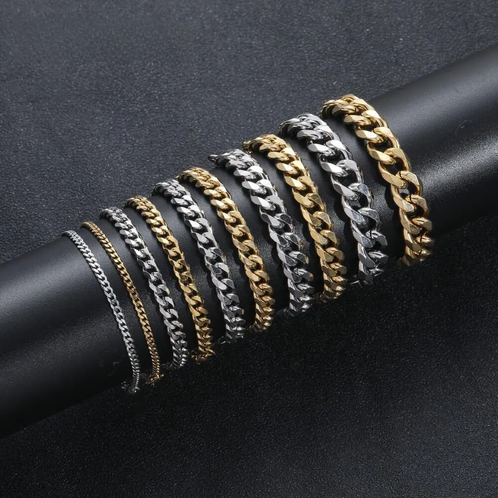 Stainless Steel Cuban Link Chain Bracelet Hip Hop Polished Metal Jewelry For Men And Women With Lobster Clasp
