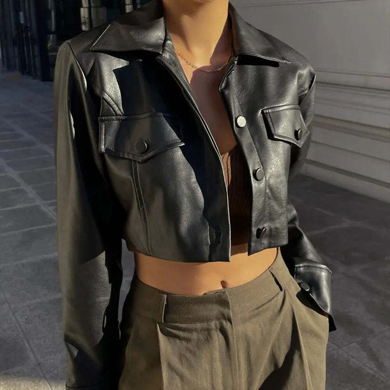 Veste de Moto en Cuir PU pour Femmes Crop Revers Boutonnage Simple Top Polyester Streetwear Sexy Couleur Unie Courte