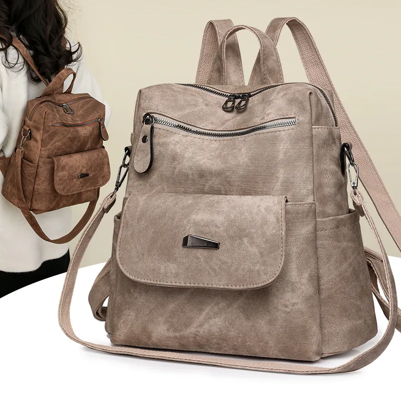 Vintage Rucksack Damen Großes Fassungsvermögen Weiches PU Leder Multifunktionale Reise Schultasche Wasserdicht Retro Design Lässig