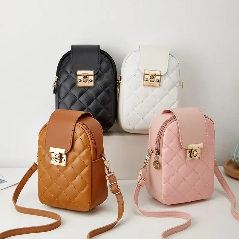 Damen Gesteppte Rauten PU Leder Handytasche Crossbody Mini Umhängetasche Metallschloss Verstellbarer Riemen Vielseitig