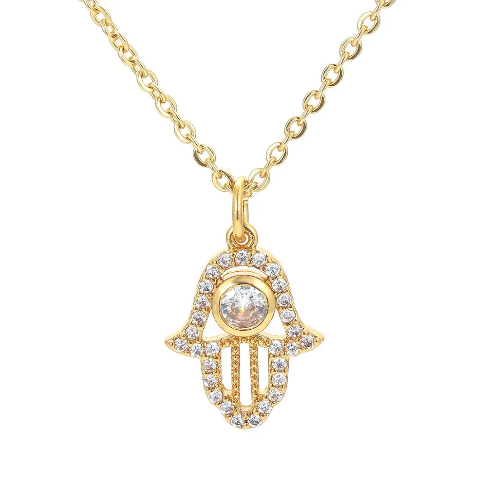 Hamsa Hand Pendant Necklace Copper Micro Inlaid Zirconia Evil Eye Lucky Hand Charm O-Chain Necklaces For Women Fashion Jewelry