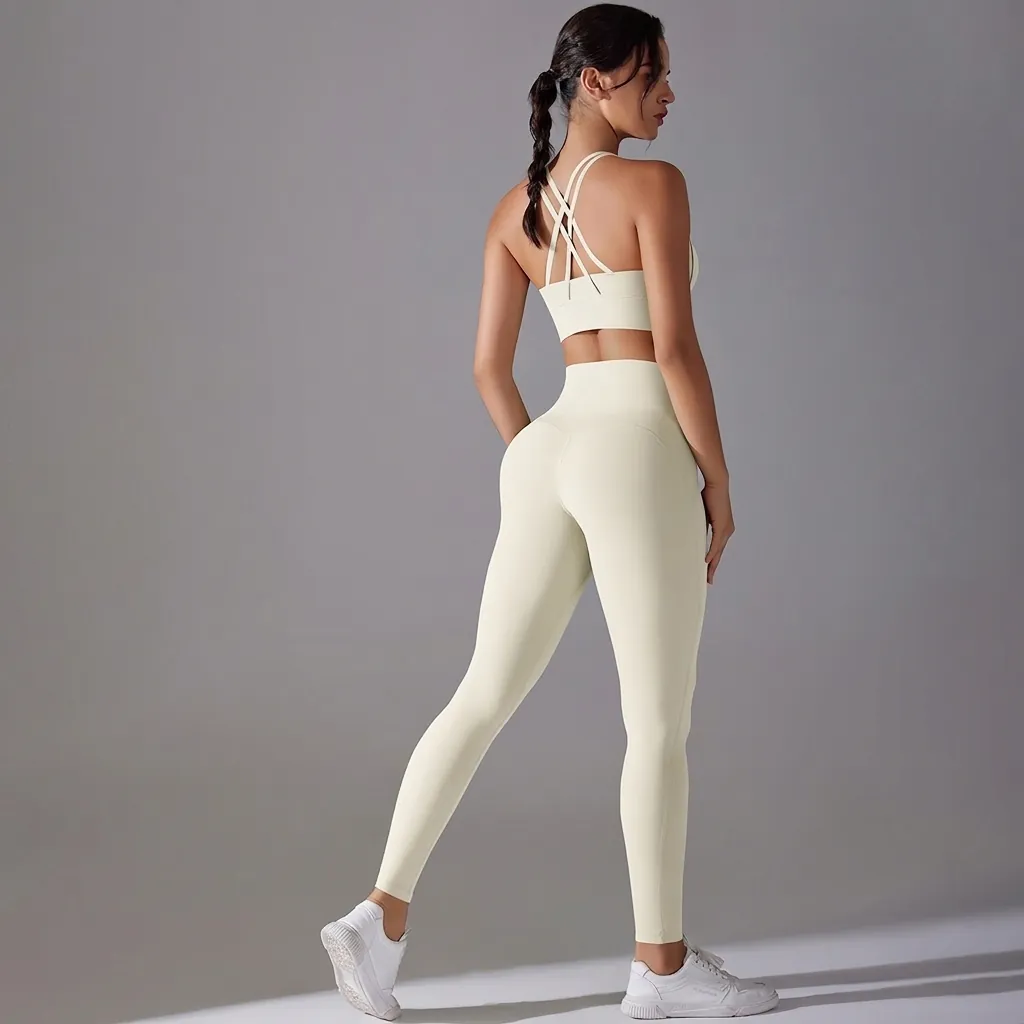 Women Yoga Set High Waist Butt Lifting Leggings Criss Cross Sports Bra Seamless Workout Fitness Top And Bottom