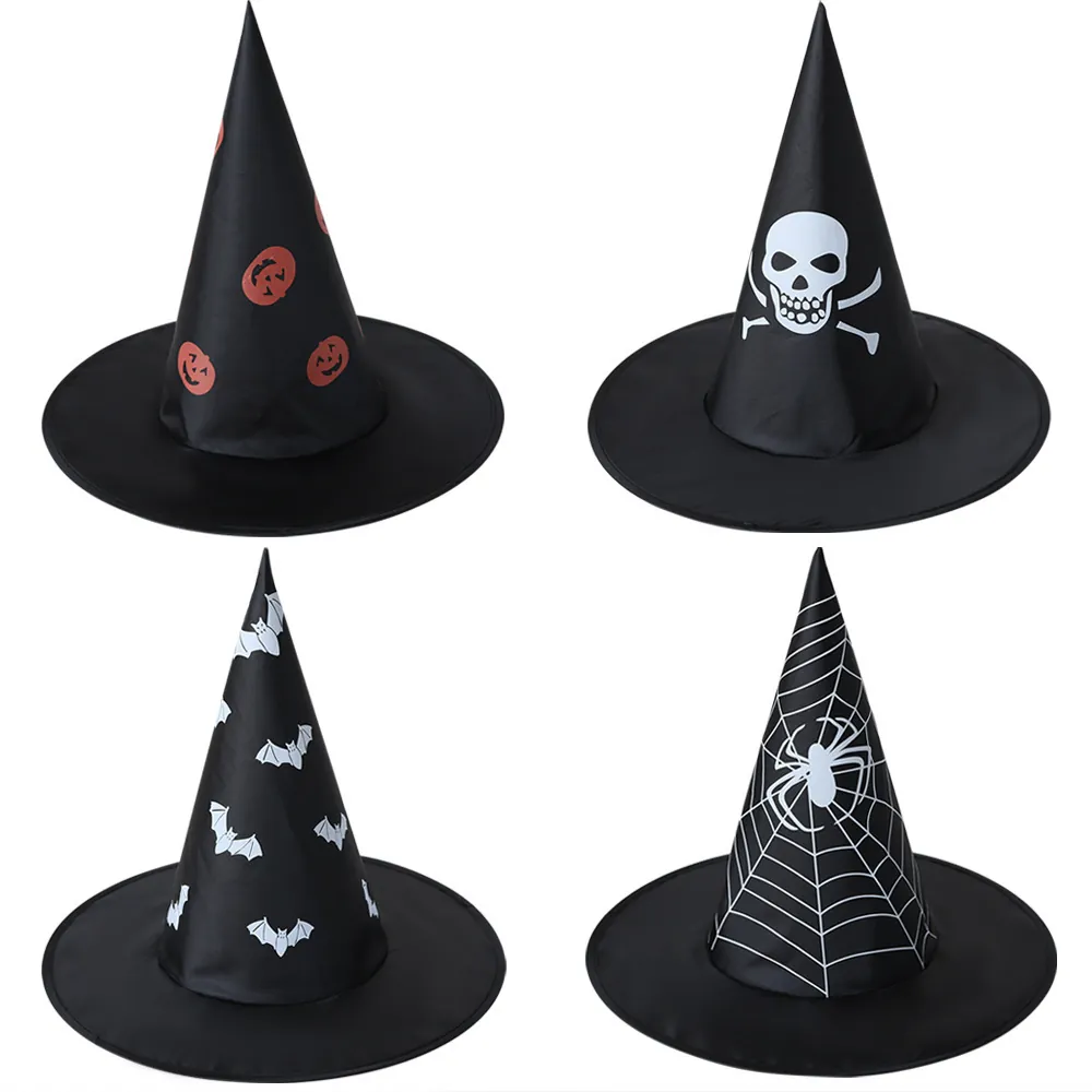 Halloween Witch Hat Wizard Pointed Cap Oxford Fabric Bat Skull Spider Web Pumpkin Print Cosplay Party Costume Accessories