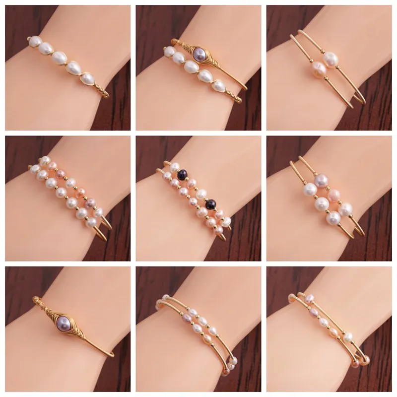 Handmade Woven Freshwater Pearl Bracelet For Women Gold Tone Alloy Bangle Elegant Multi Color Pearl Fashion Jewelry Gift