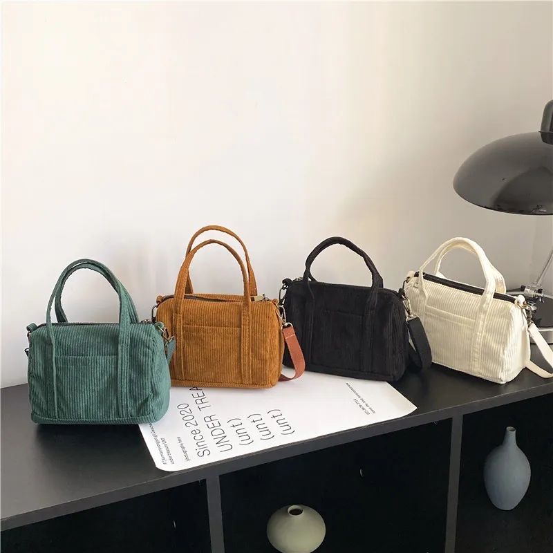 Retro Corduroy Crossbody Bag For Women Mini Boston Handbag With Adjustable Strap Top Handle Casual Style Phone Pouch