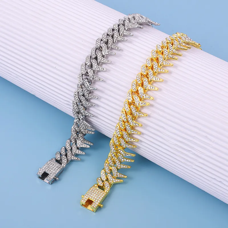 Hip Hop Cuban Chain Necklace Iced Out Alloy Rhinestone Thorns Spikes Punk Style Jewelry For Men Women