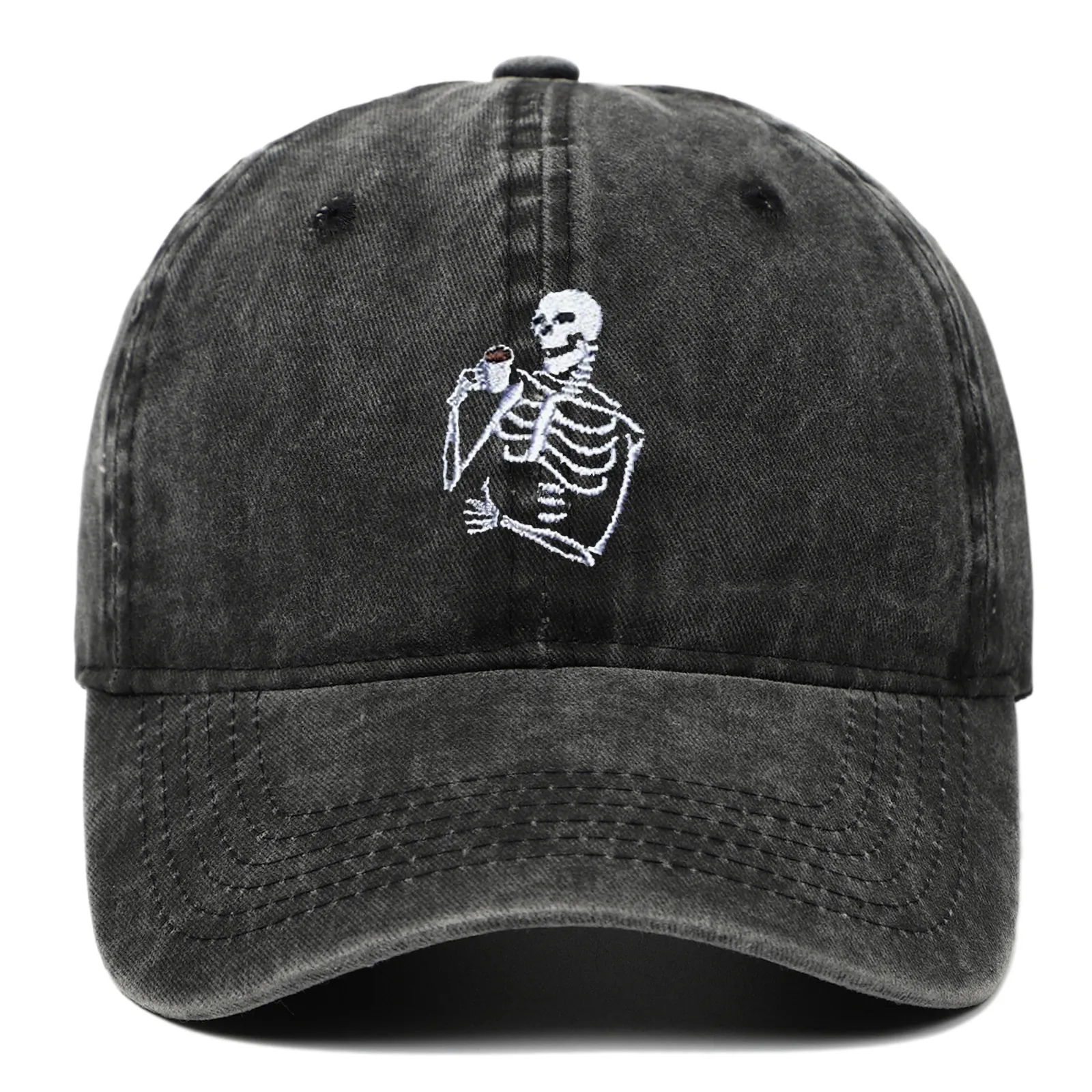 Casquette De Baseball En Coton Lavé Rétro Distressed Broderie Squelette Café Dad Hat Réglable Respirant Protection Solaire