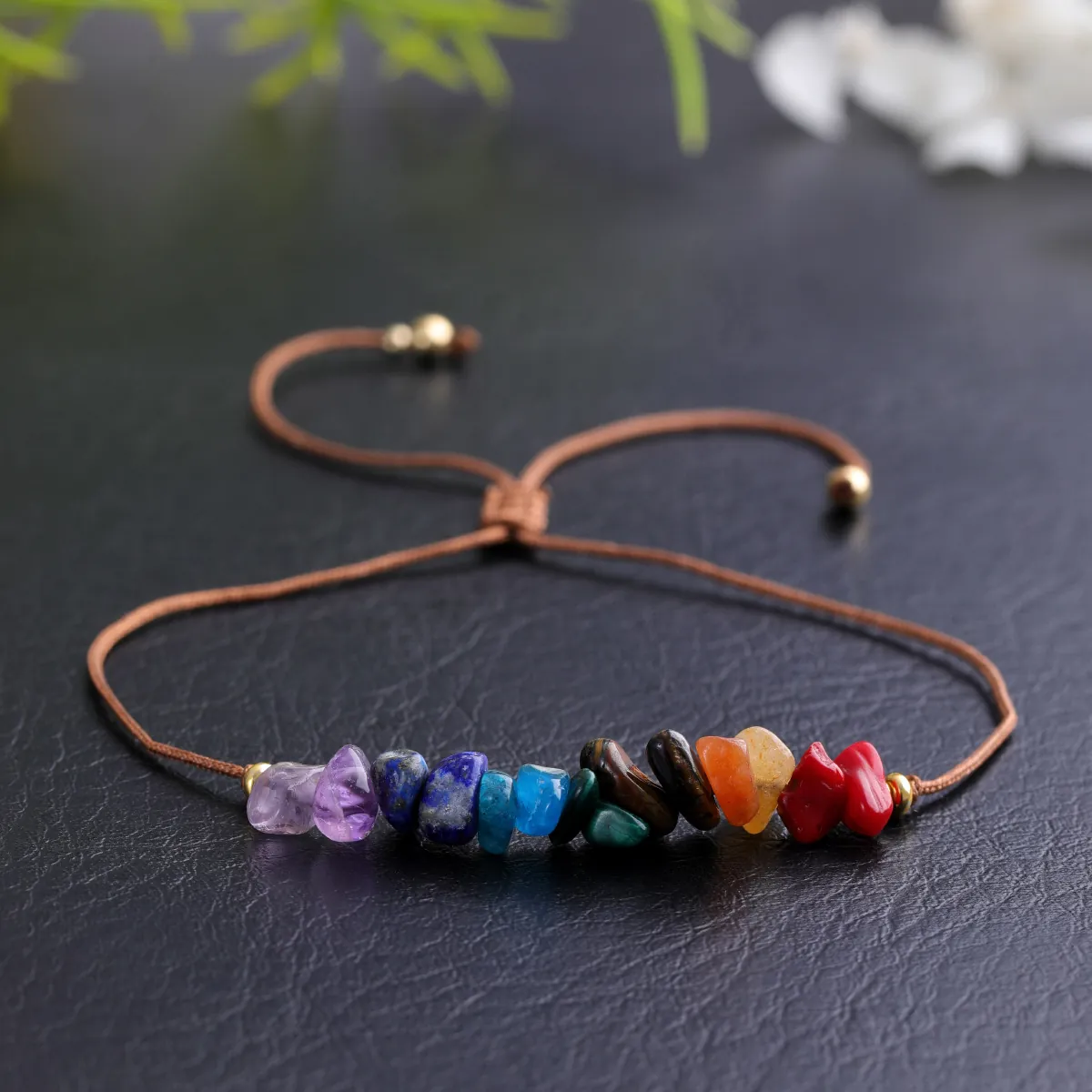Natural Gemstone Chakra Bracelet Handwoven Adjustable Wax Cord Healing Energy Boho Jewelry With Metal Beads