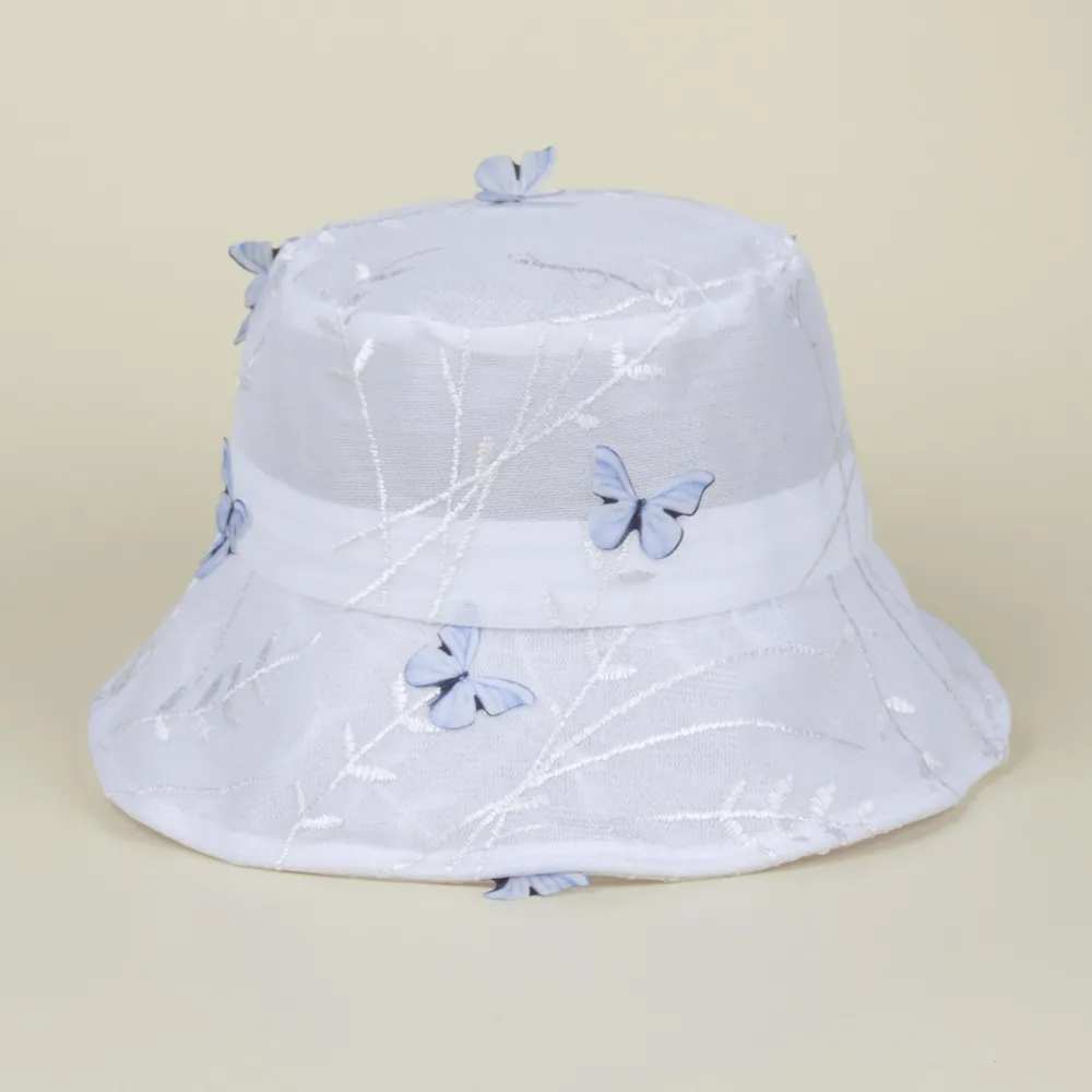 Chapeau Bob En Maille Broderie Papillon Pour Femmes Respirant Dentelle Pare-Soleil Style Fée Doux Été Casquette Transparente