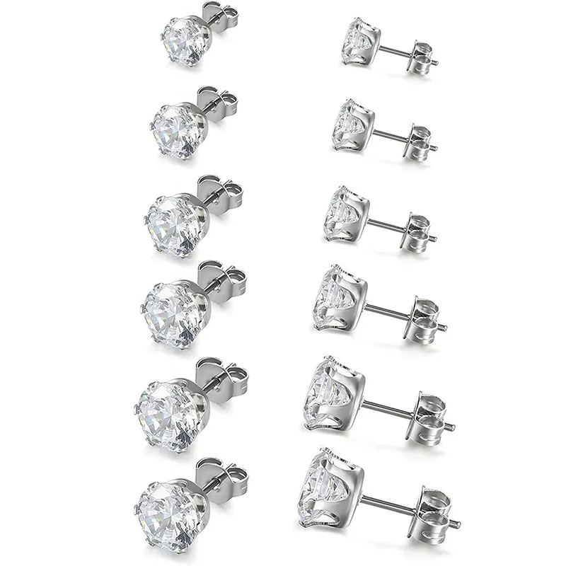 Six-Prong Round Cubic Zirconia Stud Earrings Titanium Steel Minimalist Classic Daily Business Jewelry For Men Women