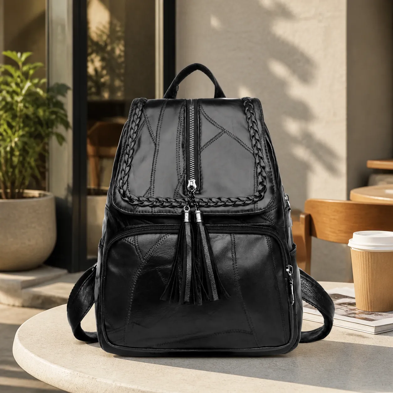 Damen Rucksack PU Leder Quaste Webdetail Wasserdicht Große Kapazität Lässig Mode Reise Rucksack Für Schule Arbeit