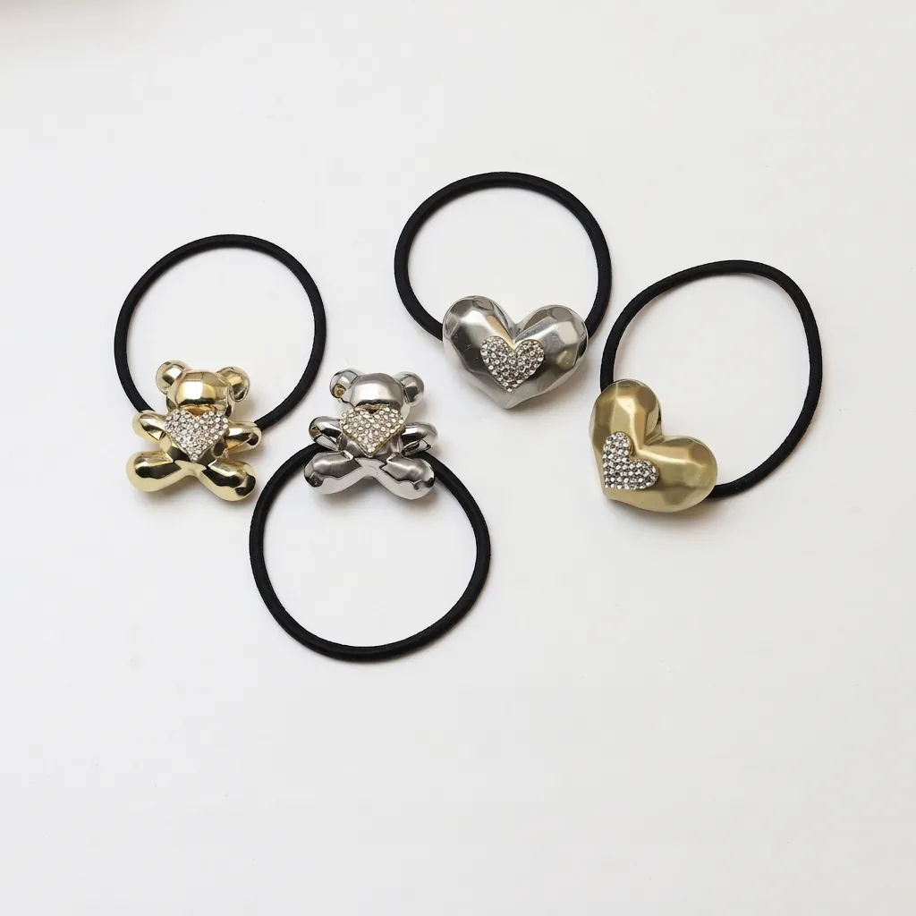 Heart Bear Hair Ties Alloy Rhinestone Elastic Ponytail Holder Korean Style Gold Silver Accessories