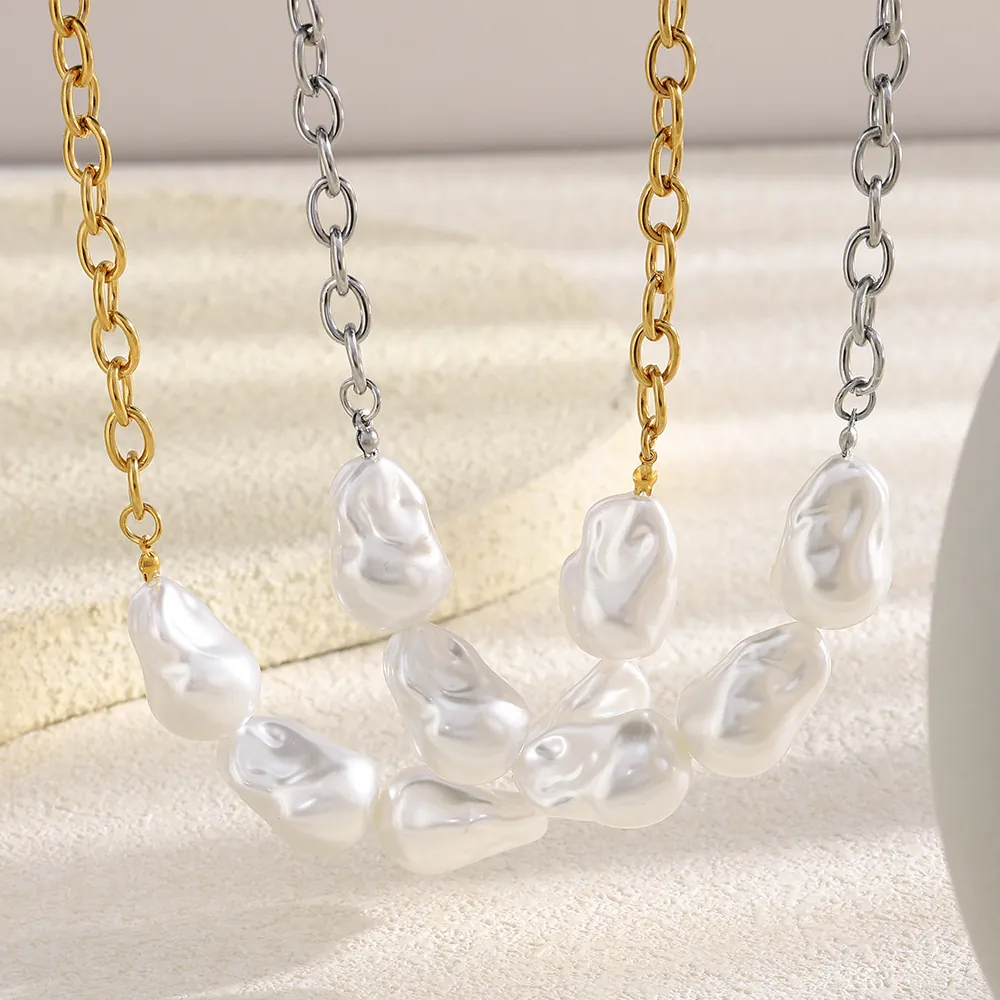 Artificial Baroque Pearl Necklace 18K Gold Plated Stainless Steel Chunky O Chain Industrial Retro Jewelry For Women