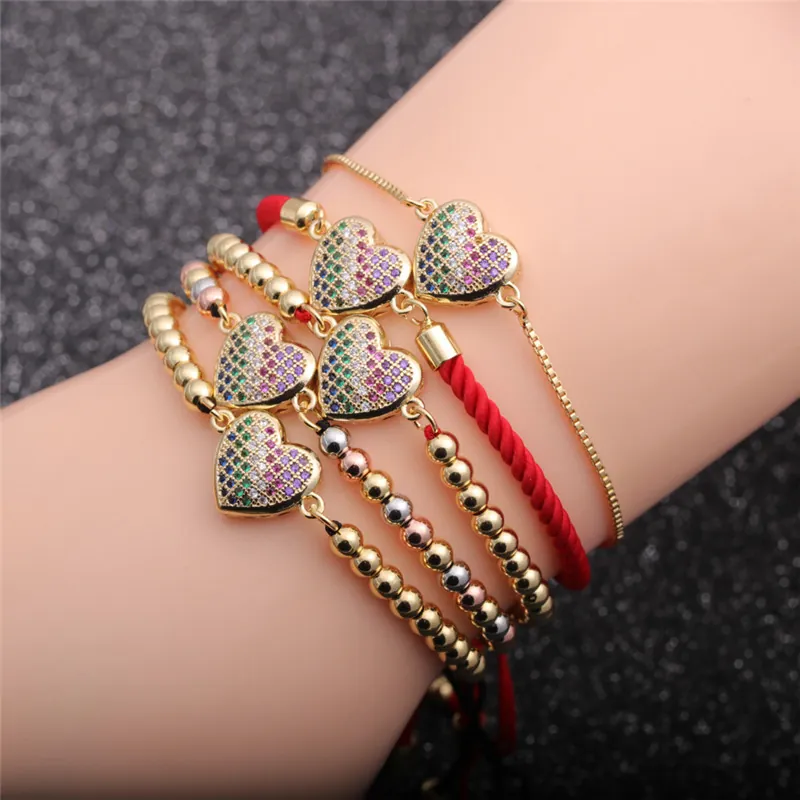 Bracelet À Charme Coeur Mode Pour Femmes Cuivre Plaqué Or Avec Zircone Multicolore Micro Pavé Corde Tressée Réglable