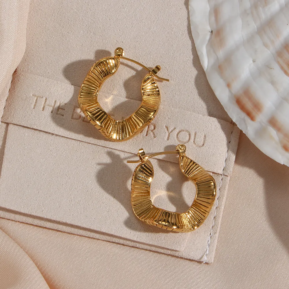 Irregular Rippled Hoop Earrings Gold Plated Stainless Steel Textured Geometric Chic Vintage Jewelry For Women