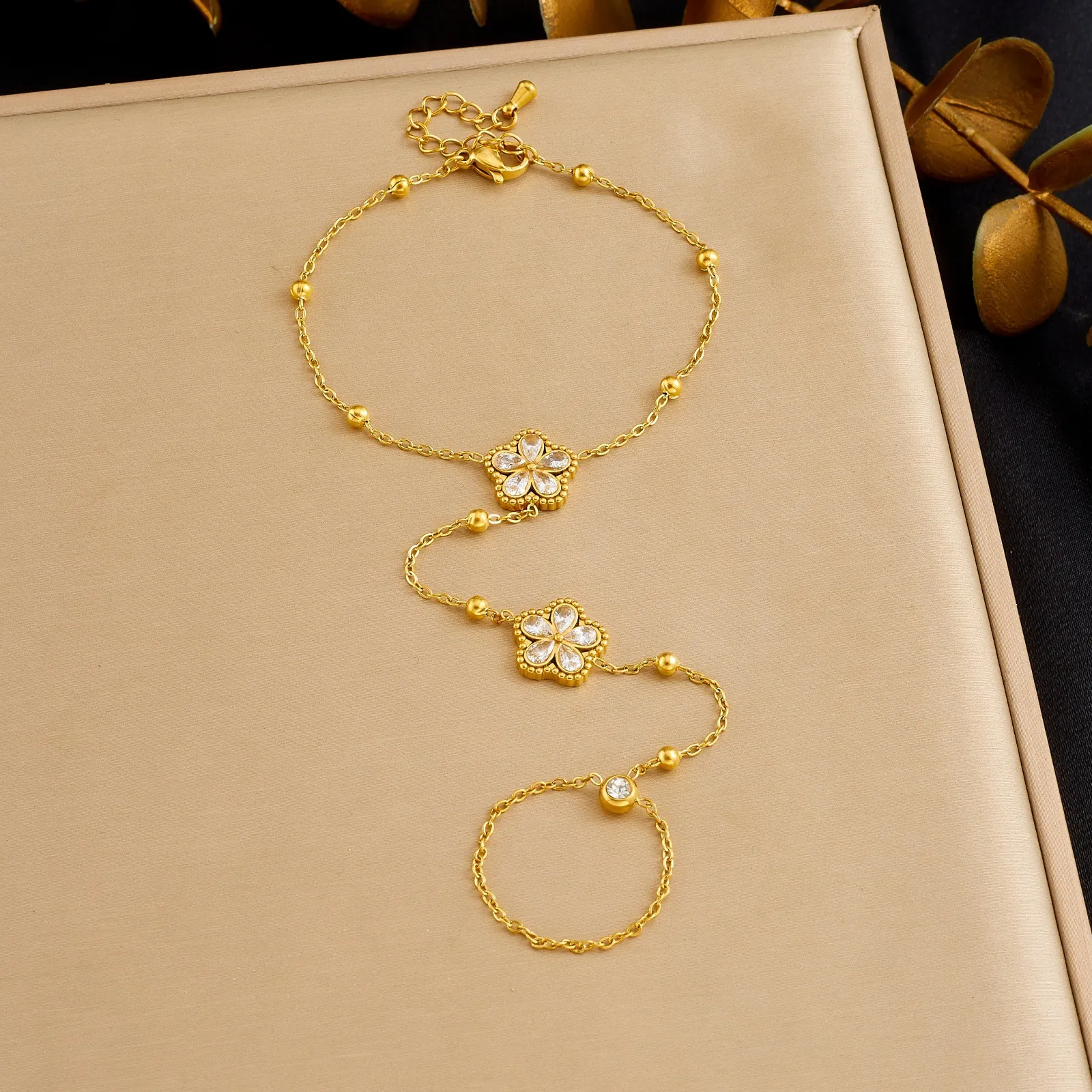 Flower Finger Bracelet Gold Plated Stainless Steel Chain Hand Back Bracelet With Zircon For Women Elegant Minimalist