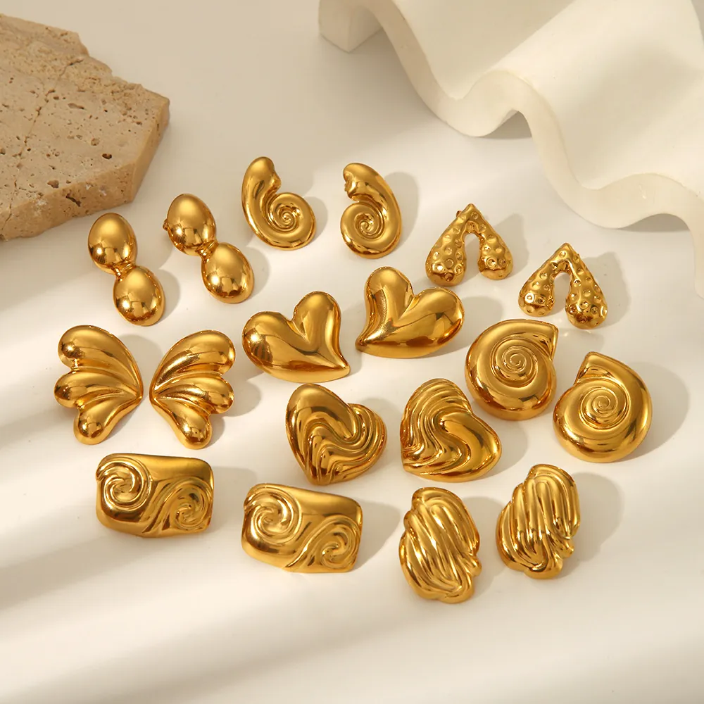Orecchini Vintage in Acciaio Inossidabile Lucidato Oro Argento Cuore Nautilus Conchiglia Orecchini a Bottone Geometrici per Donna