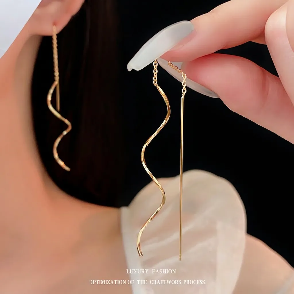 Boucles D'Oreilles Fil D'Oreille Chaîne Ondulée Irrégulière Cuivre Plaqué Or Spirale Long Pompon Tige En Argent Bijoux