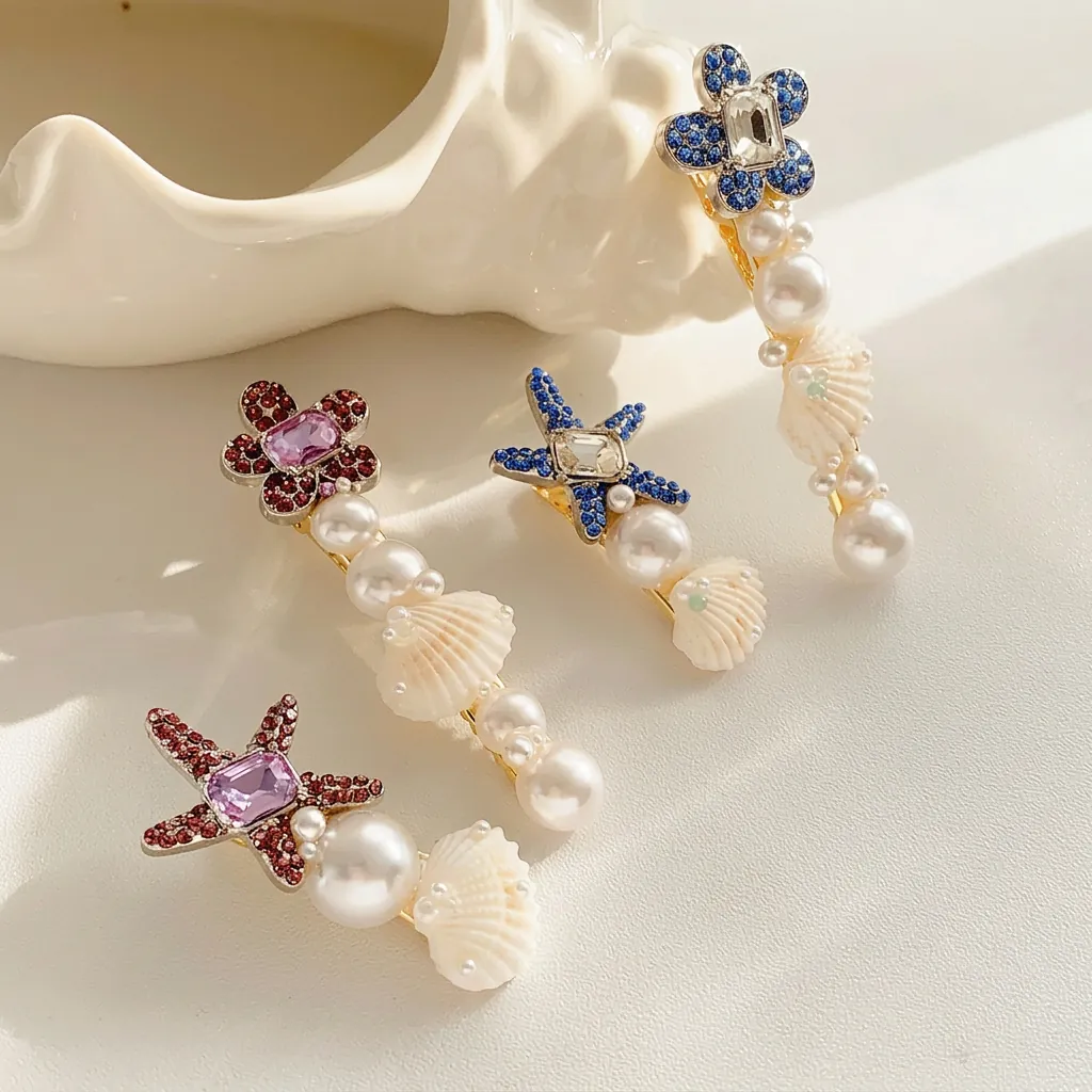 Barrettes Étoile De Mer Coquille Künstliche Perle Strass Asymétriques Florales Bec De Canard Accessoires Style Vacances Femmes