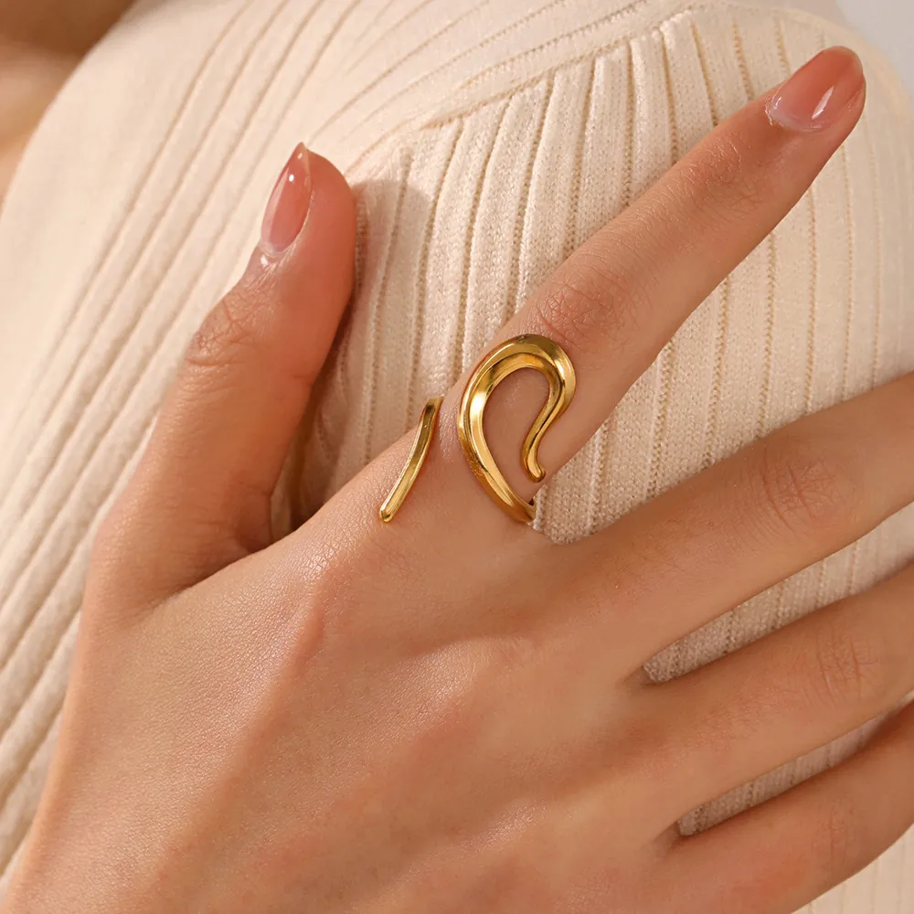Minimalist Geometric Hollow Stainless Steel Ring Gold Plated Titanium Steel Wavy Abstract Curve Open Adjustable For Women